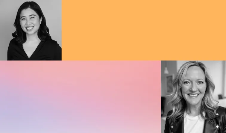 Grid graphic featuring black and white headshots of two women speakers, alternating with orange and pink to lavender gradient color blocks.