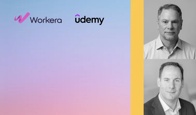 Workera and Udemy logos on a blue to pink gradient background, with black and white headshots of two men stacked on the right, separated by a yellow stripe.