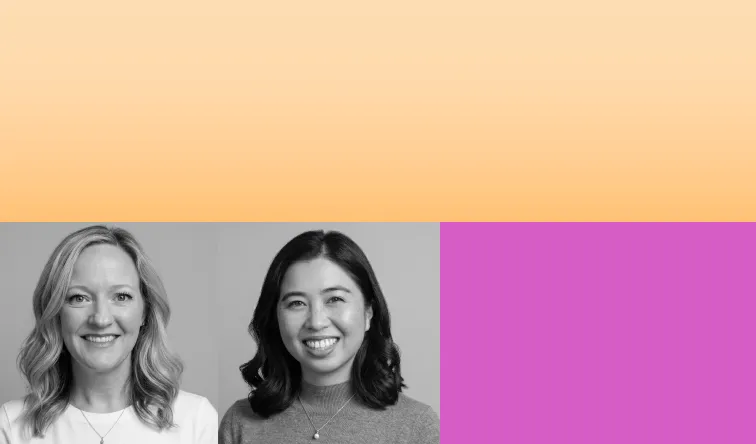 Black and white headshots of two women side by side, on an orange and pink color blocked background.