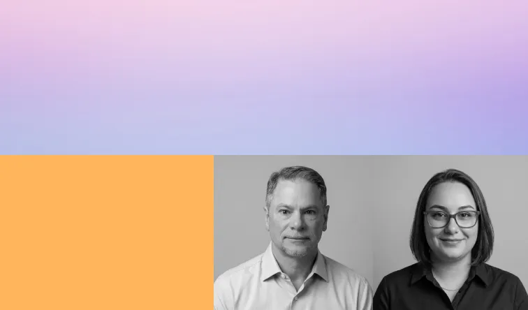 Black and white headshots of a man and a woman side by side, on a purple-to-pink and orange color blocked background.
