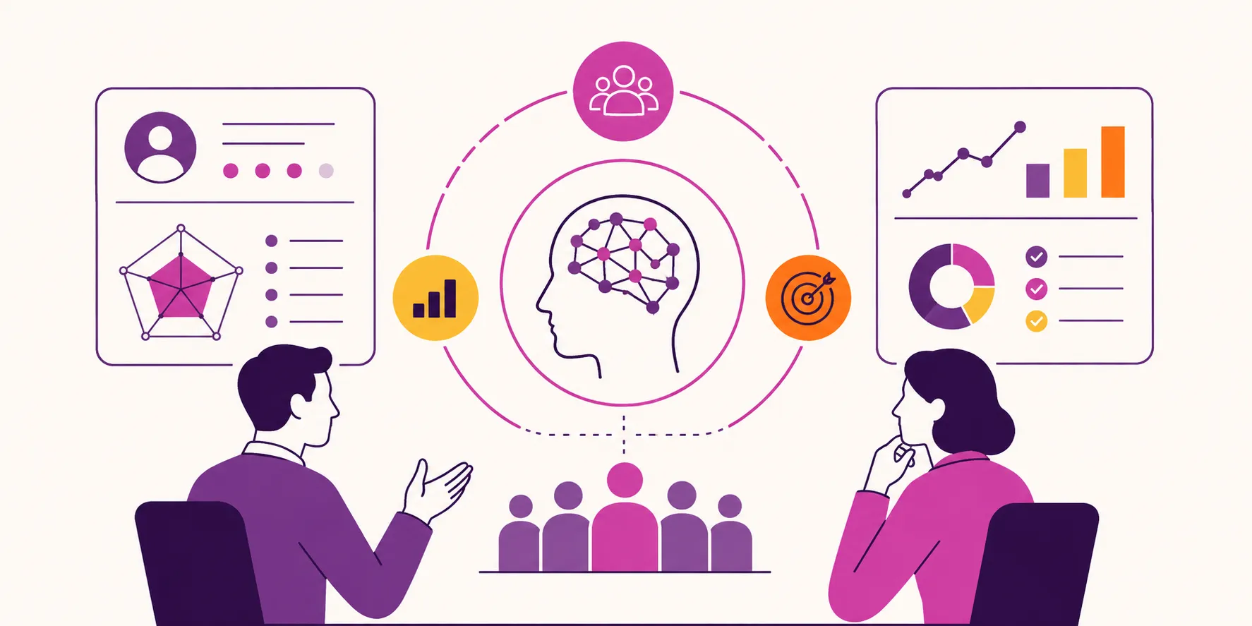Illustration of two people discussing skills data and analytics.