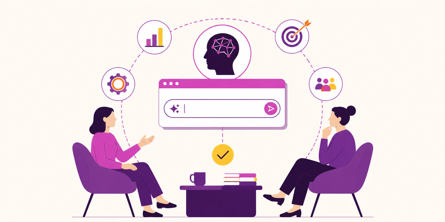 Illustration of two people conversing across a coffee table, with a chat interface, brain icon, and surrounding icons for charts, goals, settings, and people above them.
