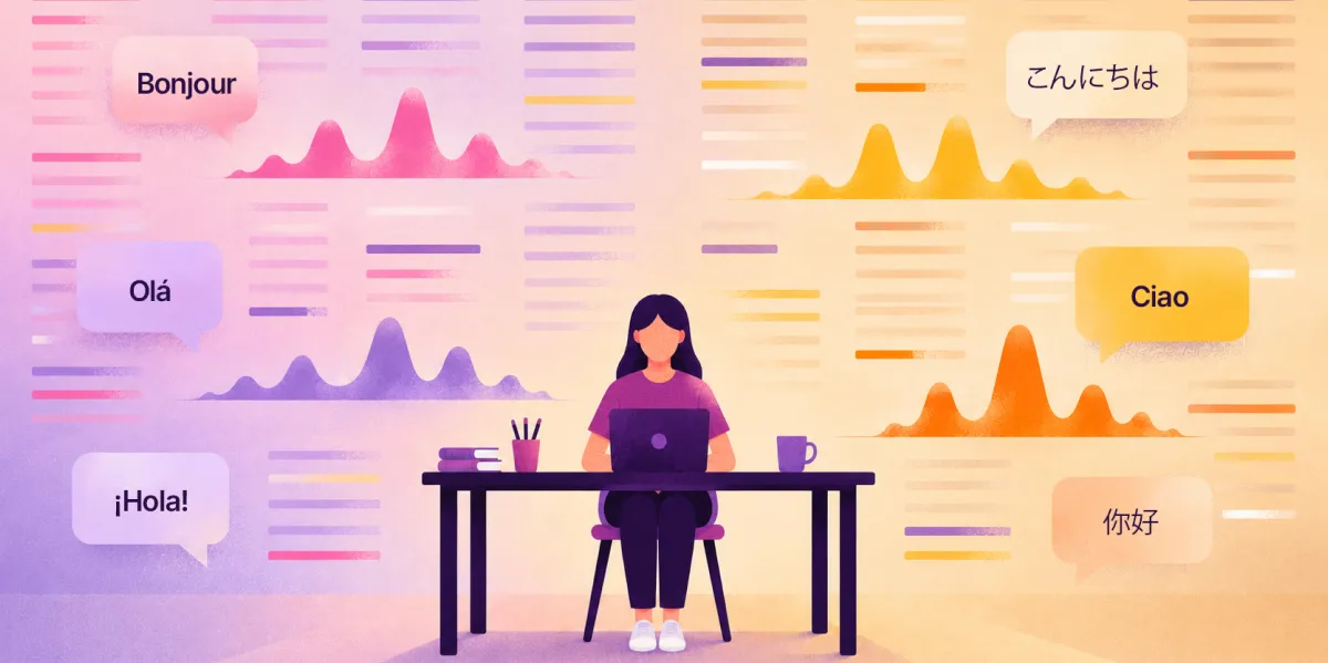 Illustration of a person at a laptop surrounded by greeting speech bubbles in French, Portuguese, Spanish, Japanese, Italian, and Chinese, with data charts in the background