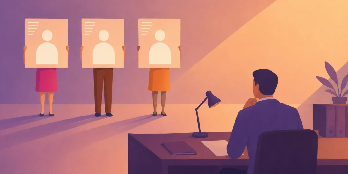 Illustration of three candidates holding generic resume cards in front of their faces while a hiring manager looks on from his desk