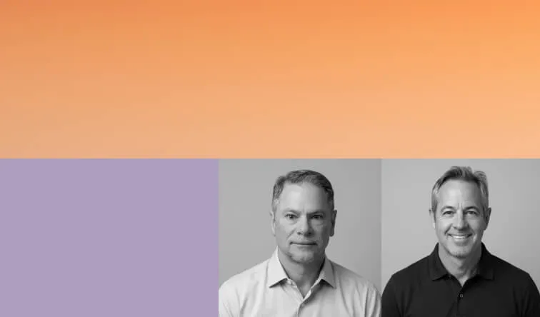 Black and white headshots of two men side by side, on an orange and purple color blocked background.