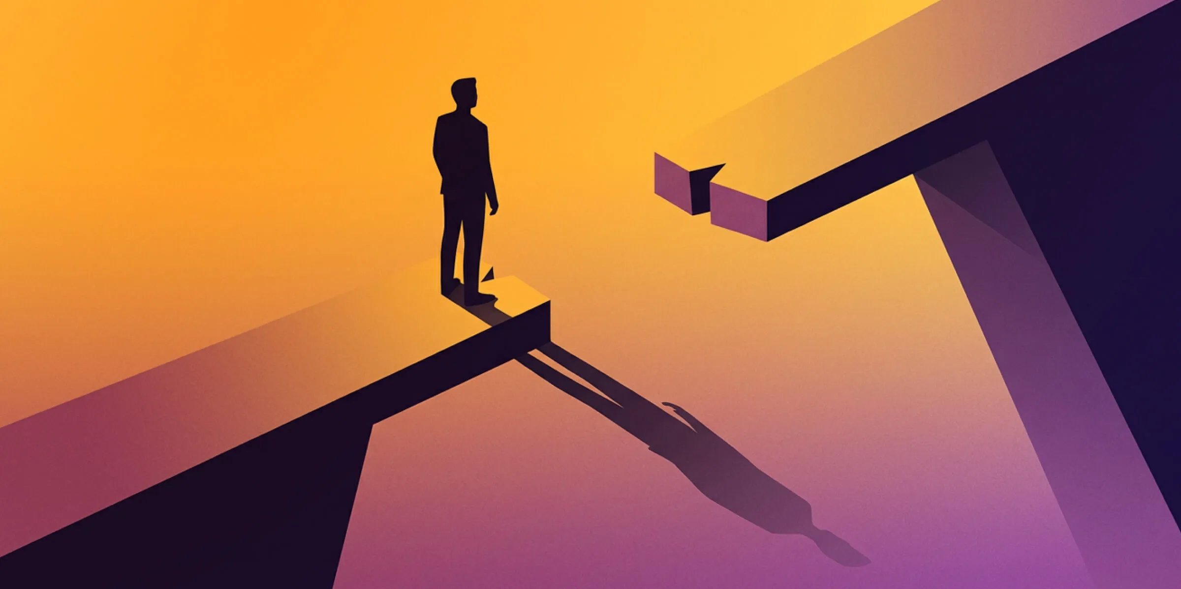 Silhouette of a person standing at the edge of a broken bridge facing a gap over a canyon