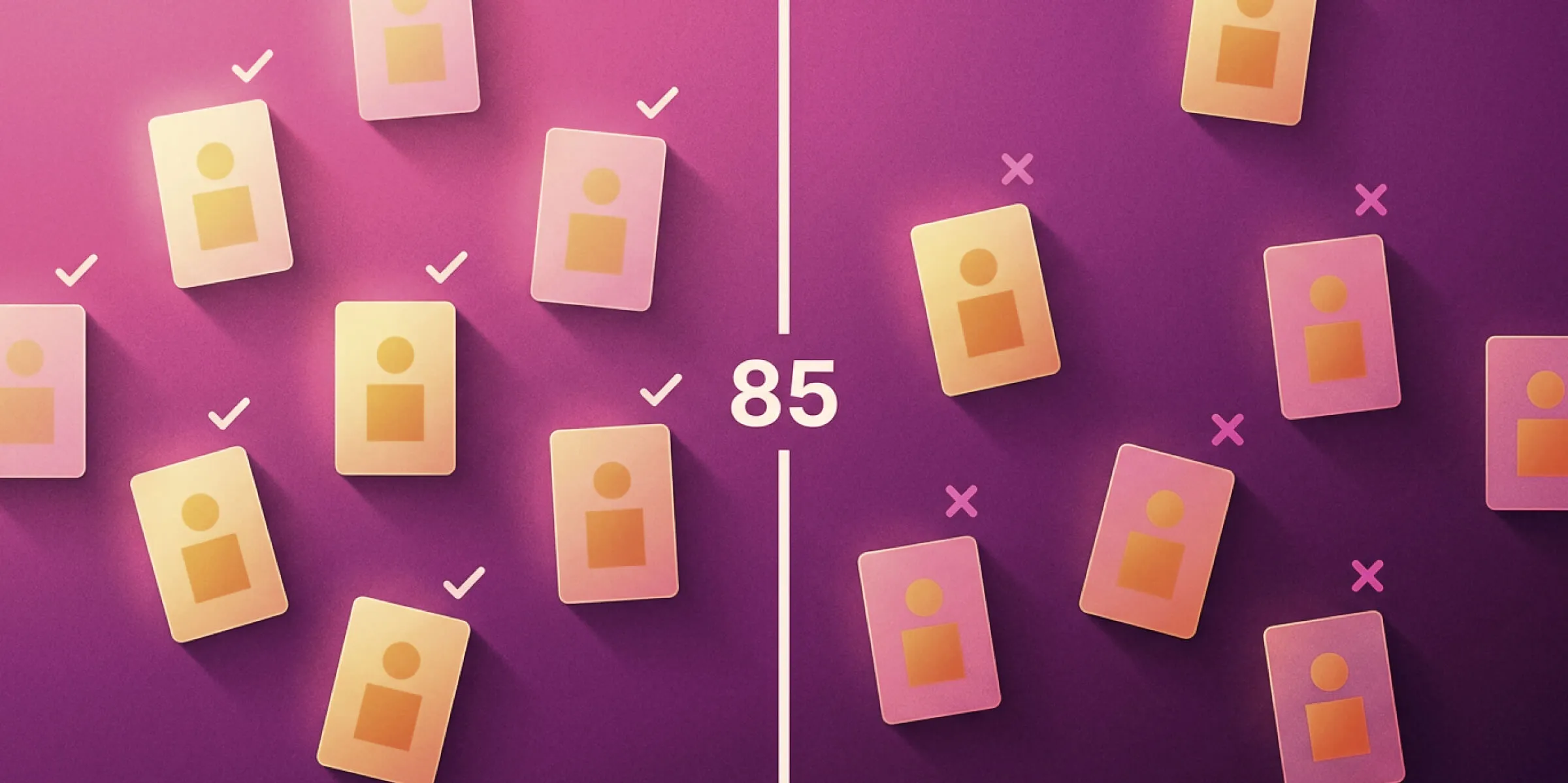 Illustration of profile cards split into two groups by a line: one side marked with checkmarks, the other with X's, centered on the number 85
