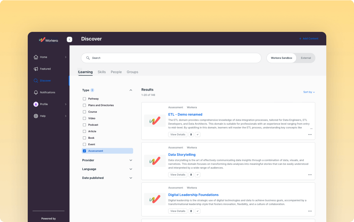 Degreed Discover search filtered to assessments, listing Workera assessments in the results