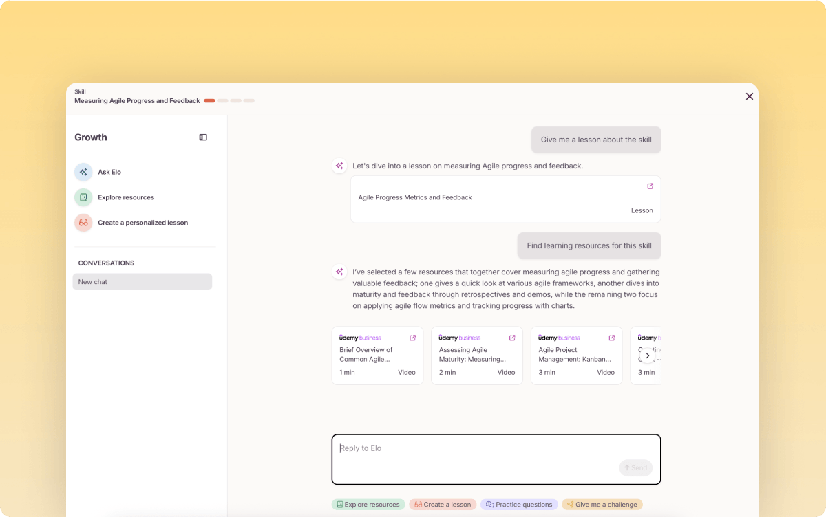 Workera AI Mentor chat recommending Udemy Business videos for measuring agile progress and feedback