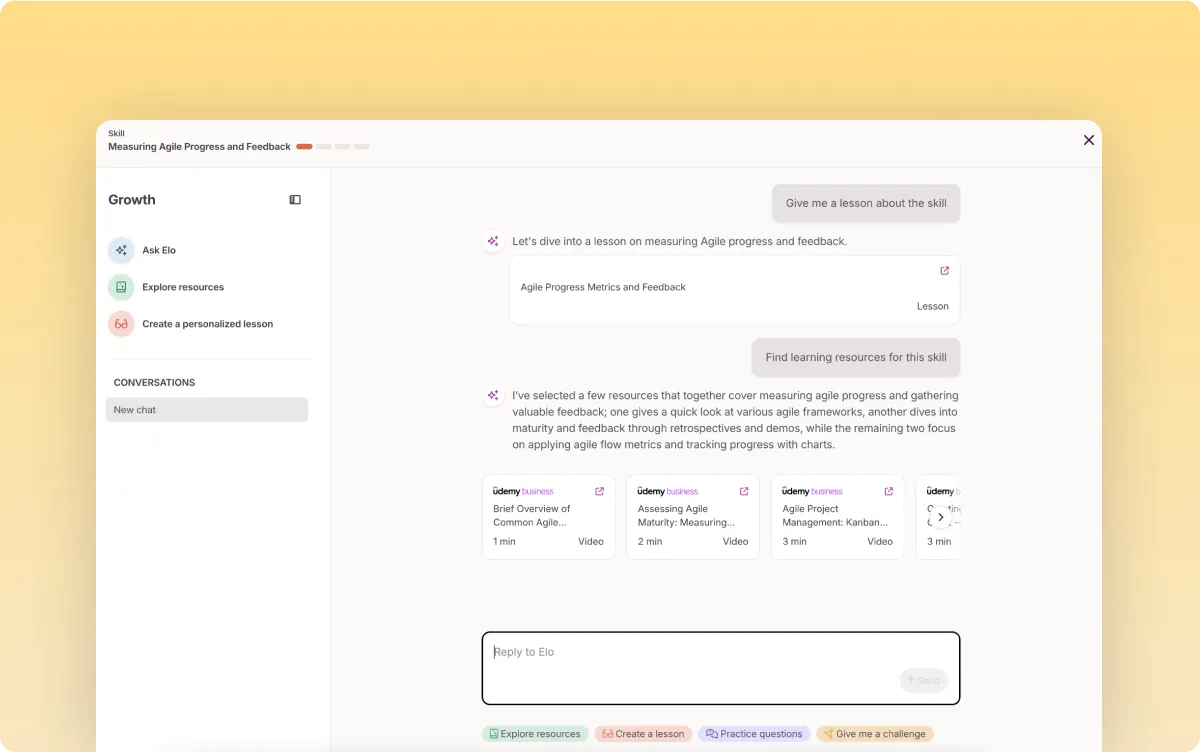 Workera AI Mentor chat recommending Udemy Business videos for measuring agile progress and feedback