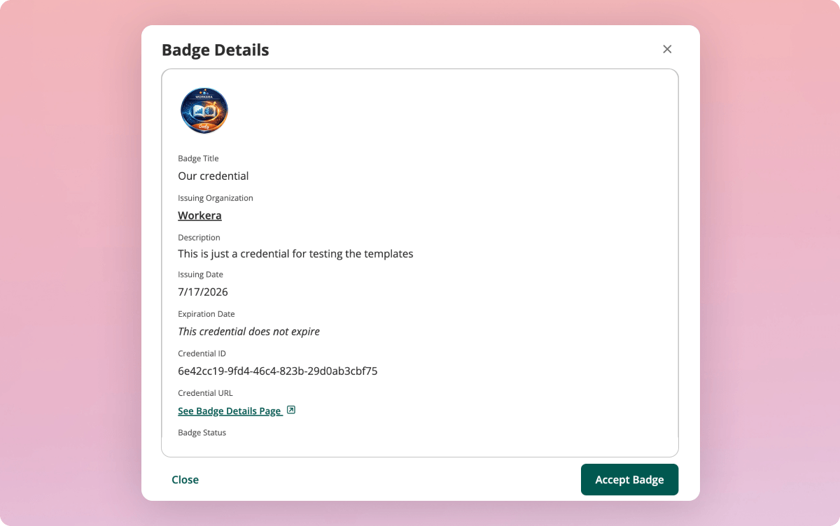 Badge Details panel showing an issued Workera credential ready for the employee to accept in Credly