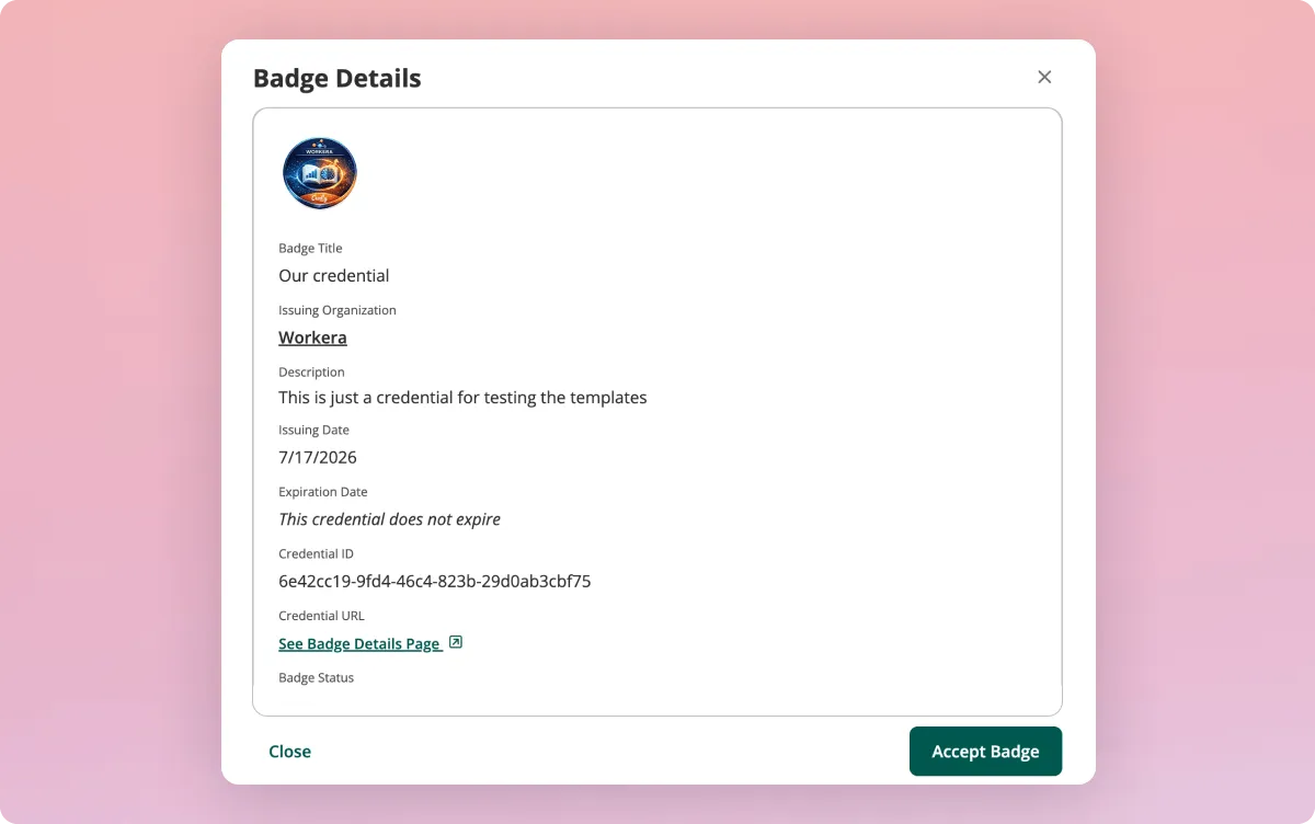 Badge Details panel showing an issued Workera credential ready for the employee to accept in Credly
