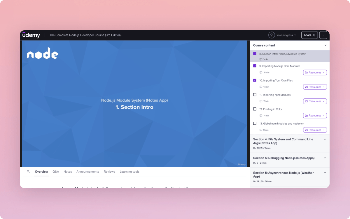 Udemy Node.js course open inside a Udemy Business account with the course content panel