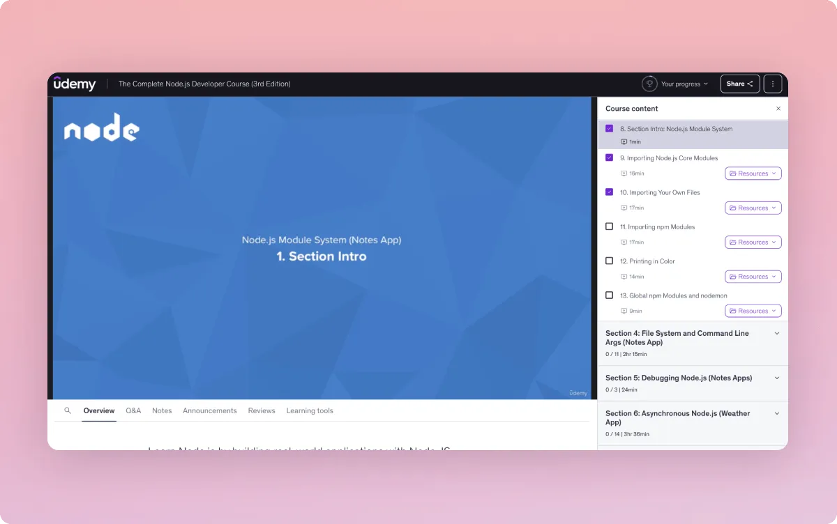 Udemy Node.js course open inside a Udemy Business account with the course content panel