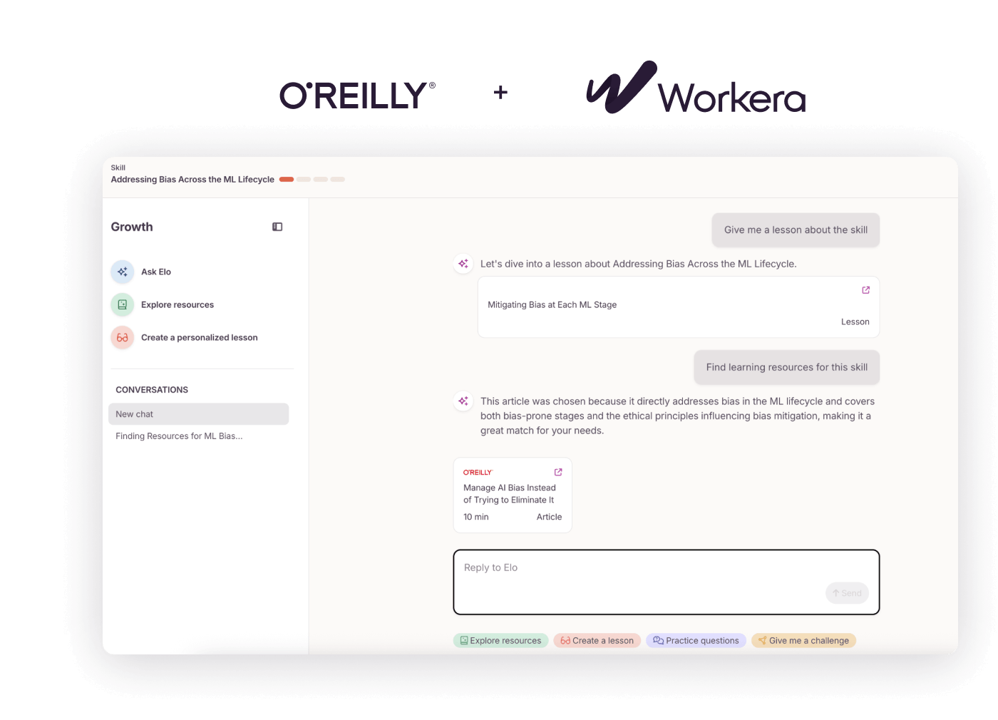 O'Reilly and Workera logo lockup above the Workera Growth panel recommending an O'Reilly article on ML bias