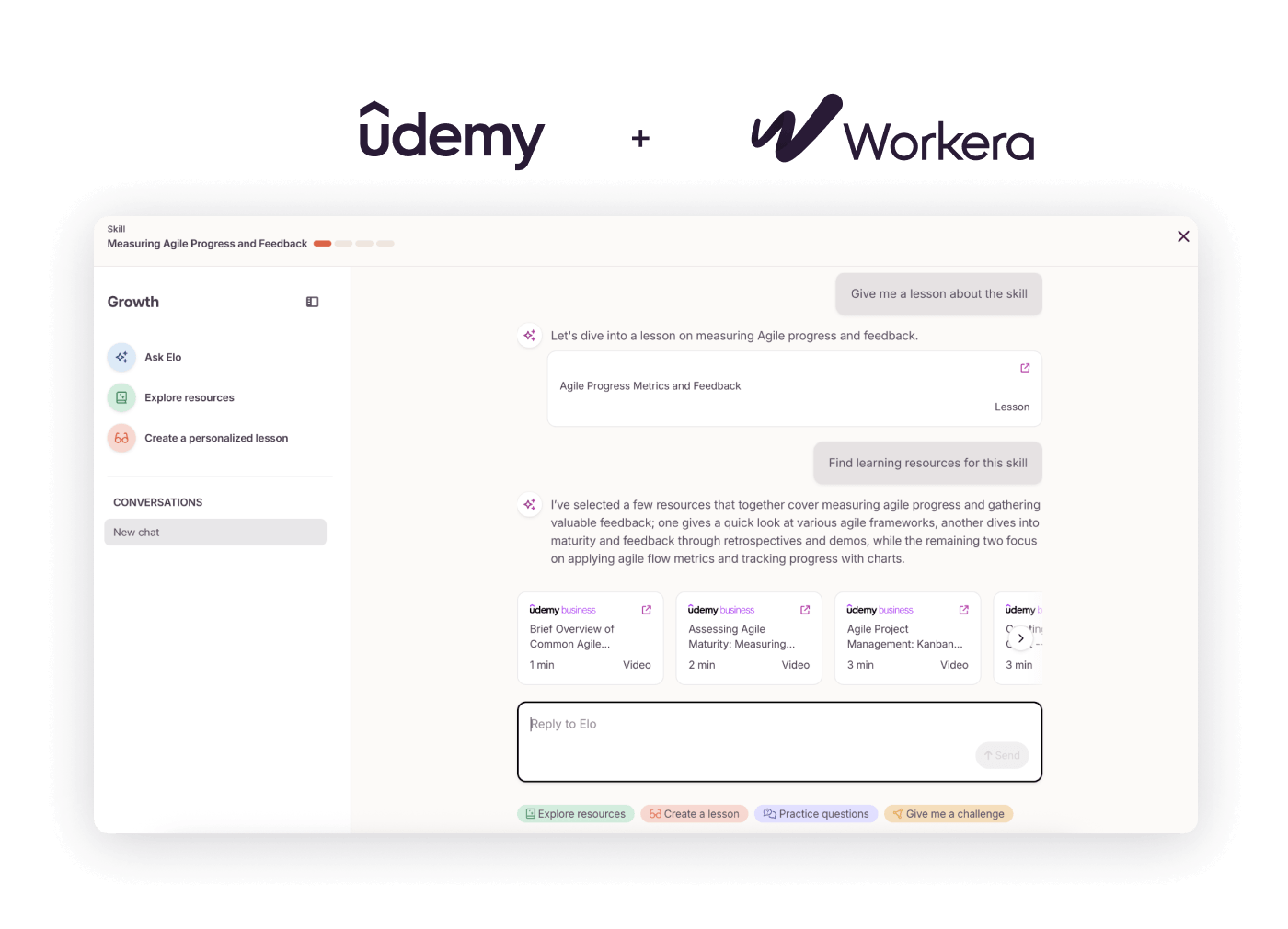 Udemy and Workera logo lockup above the Workera Growth panel recommending Udemy Business courses