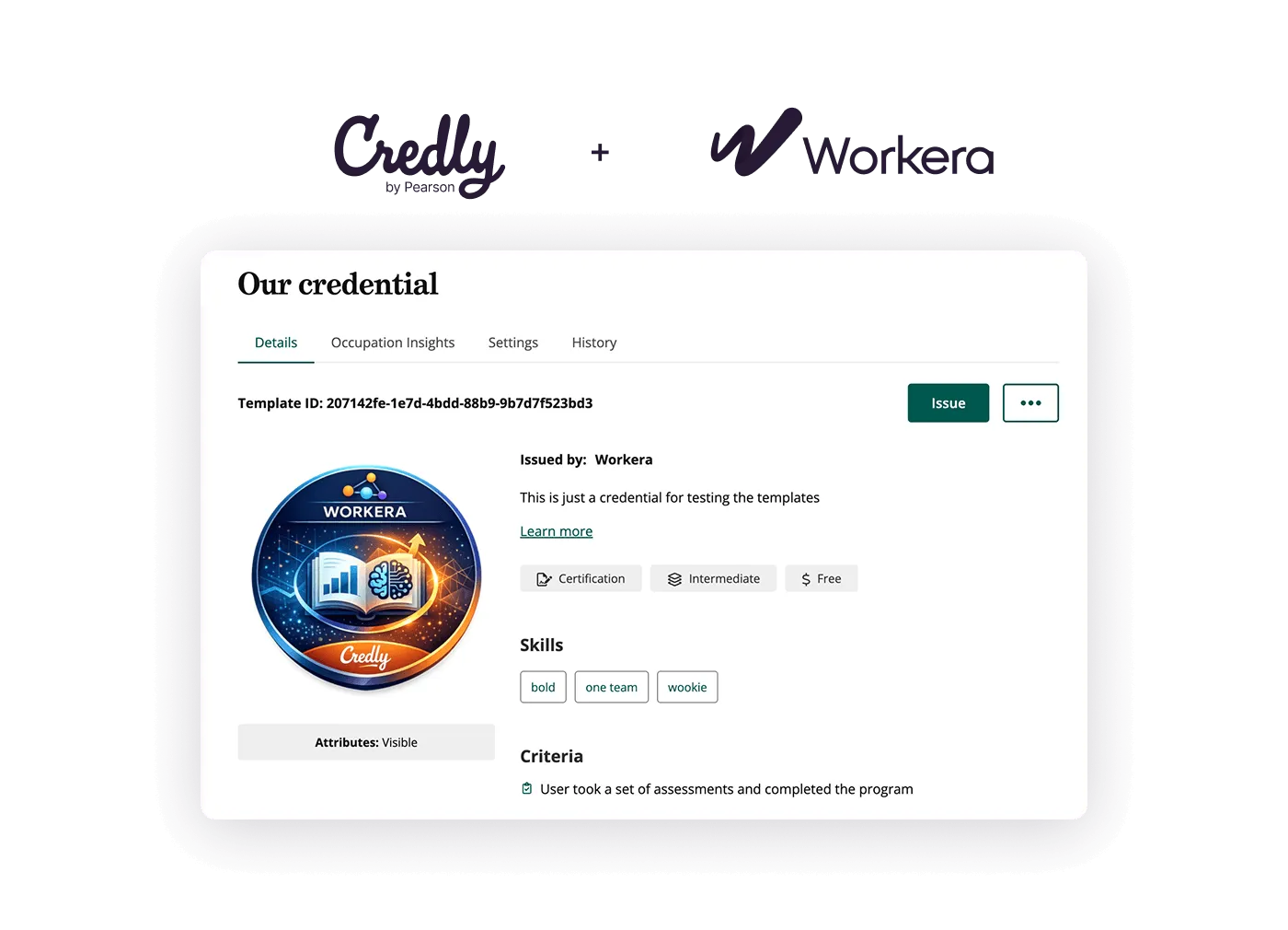Credly by Pearson and Workera logo lockup above a Credly credential template issued by Workera