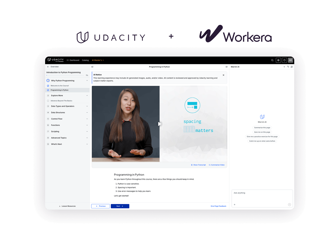 Udacity and Workera logo lockup above a Udacity Python program open in the course player