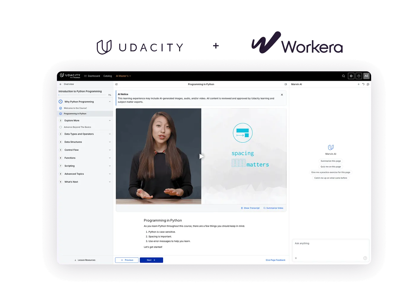 Udacity and Workera logo lockup above a Udacity Python program open in the course player