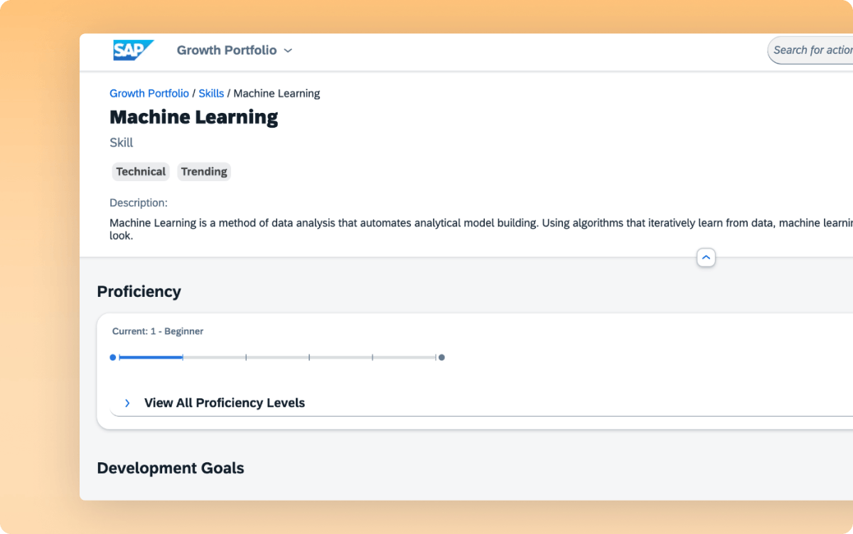 SAP SuccessFactors Machine Learning skill page showing the employee's current proficiency level