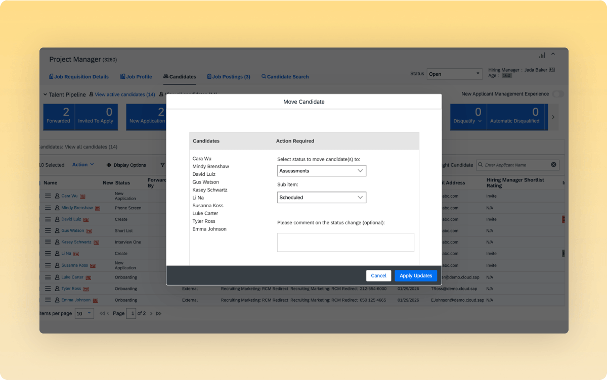 SAP SuccessFactors Move Candidate dialog moving candidates to the Assessments stage