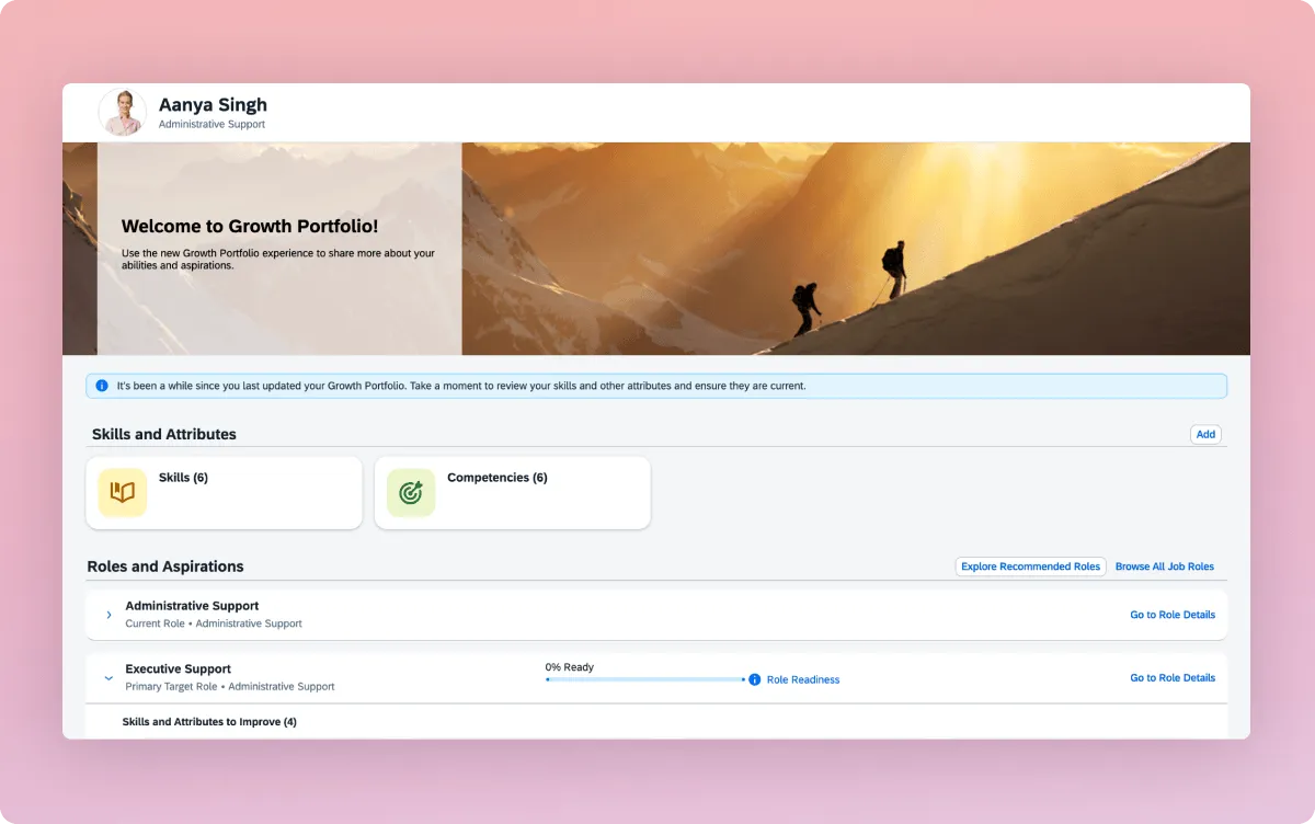 SAP SuccessFactors Growth Portfolio showing an employee's skills, competencies, and target role readiness