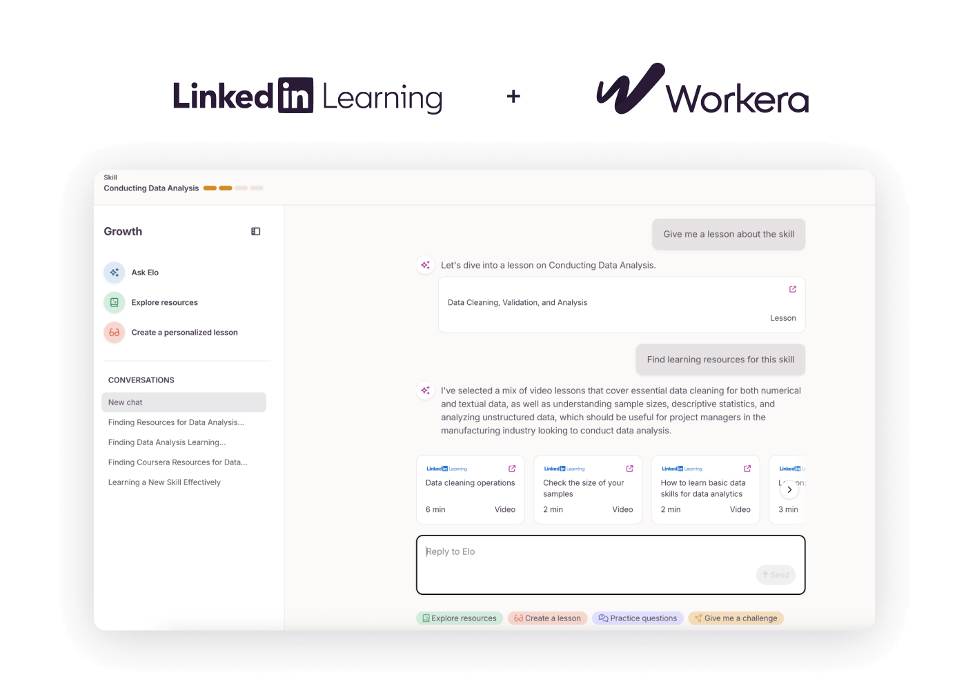LinkedIn Learning and Workera logo lockup above the Workera Growth panel recommending LinkedIn Learning videos