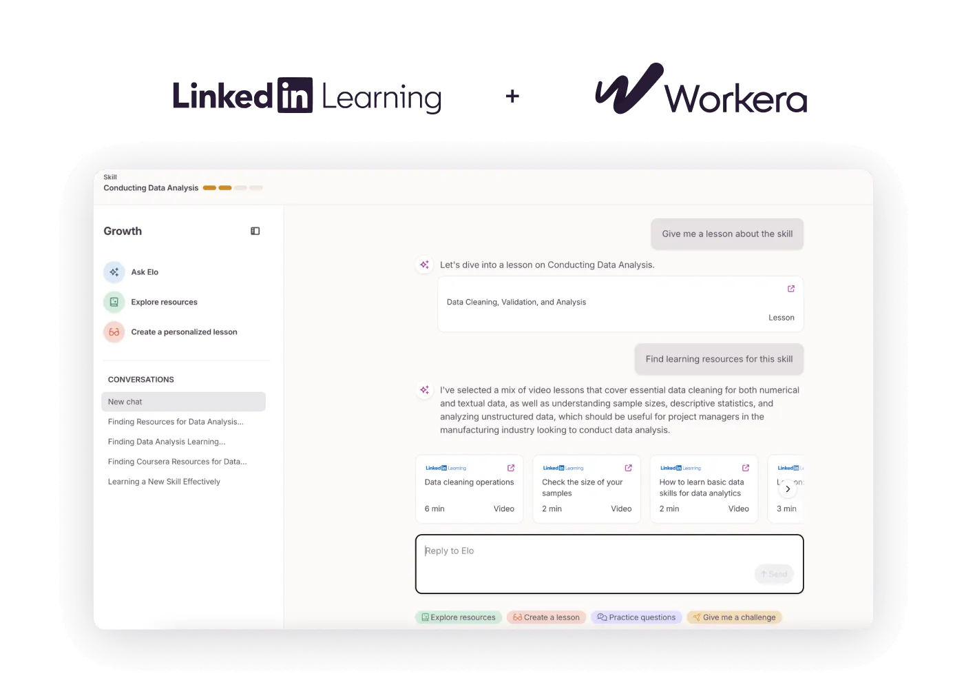 LinkedIn Learning and Workera logo lockup above the Workera Growth panel recommending LinkedIn Learning videos