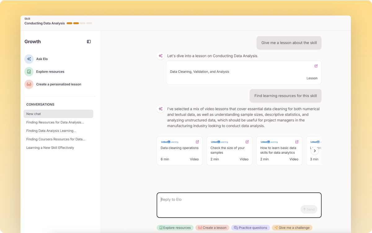 Workera Growth panel recommending LinkedIn Learning videos for conducting data analysis