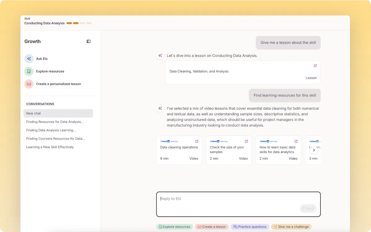 Workera Growth panel recommending LinkedIn Learning videos for conducting data analysis