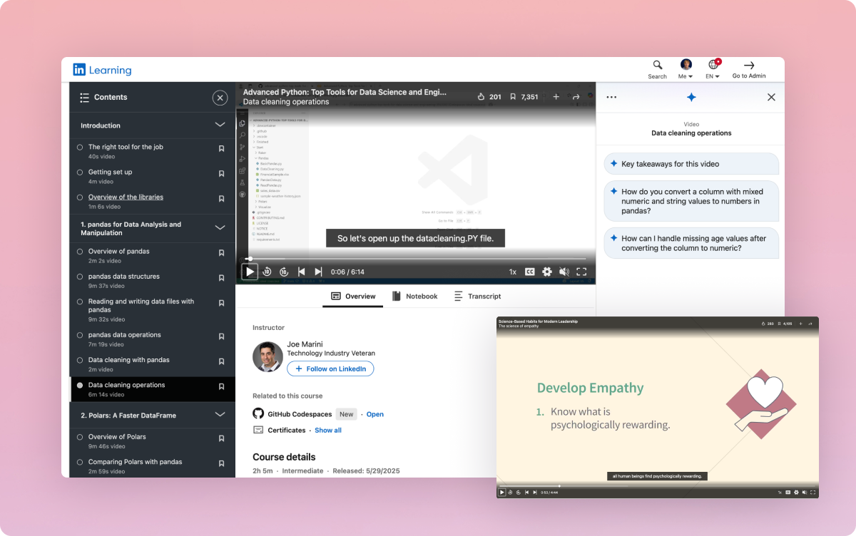 LinkedIn Learning course player open on a data cleaning lesson inside an enterprise account