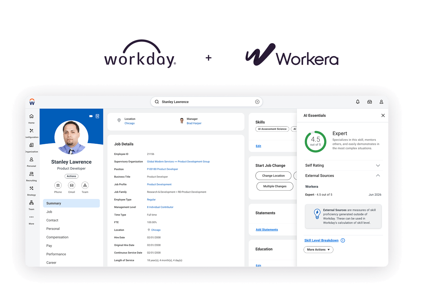 Workday and Workera logo lockup above a Workday employee profile showing a Workera skill rating of 4.5 out of 5