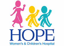 Logo of HOPE Women’s and Children’s Hospital featuring stylized figures of a woman and two children above the hospital name.