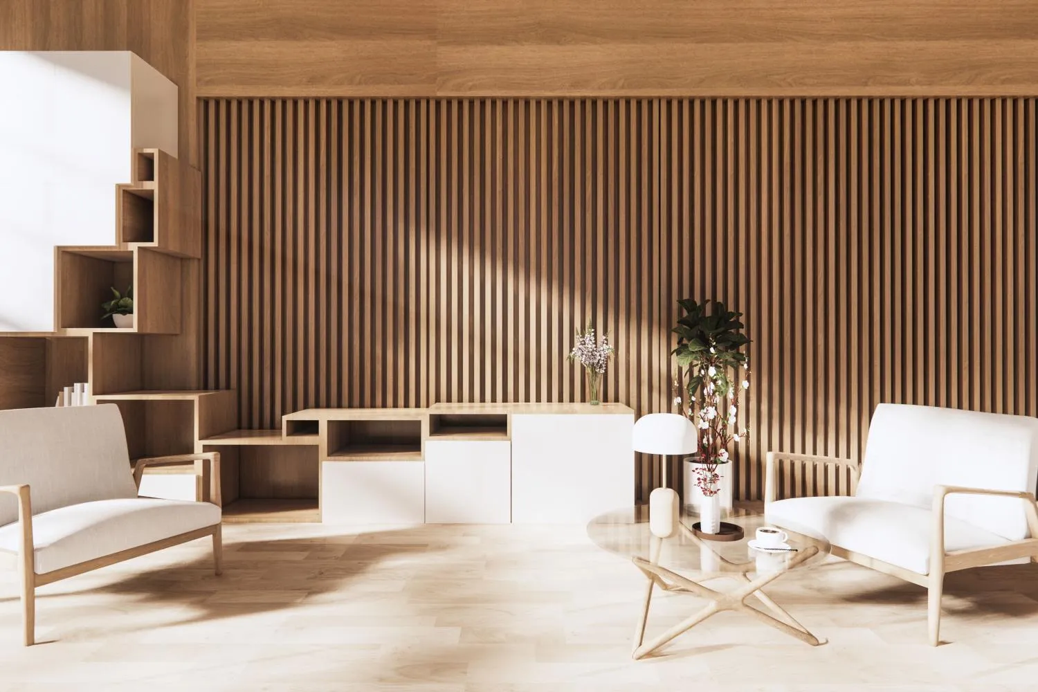 Šiuolaikiškas kambario interjeras su medžio sienos apdaila, medine spintele, dviem foteliais ir staliuku.