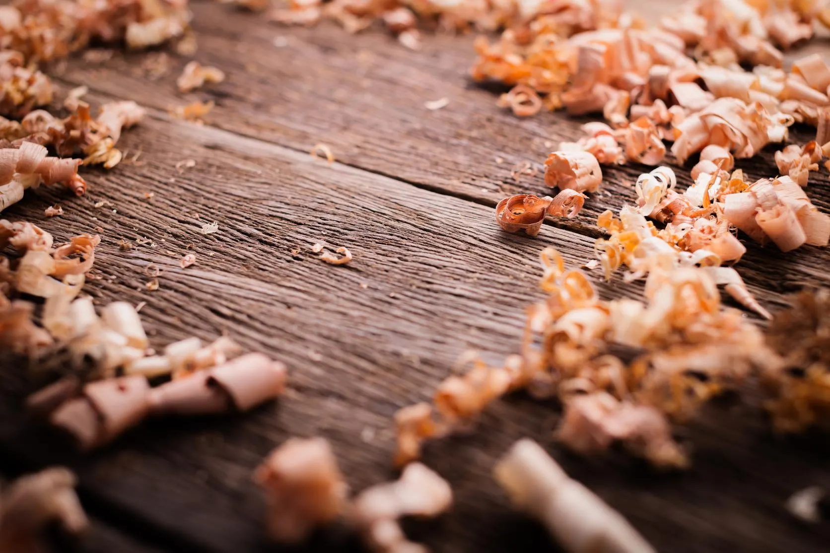 Medienos paviršius nufotografuotas iš arti, su medžio drožlėmis ant viršaus.