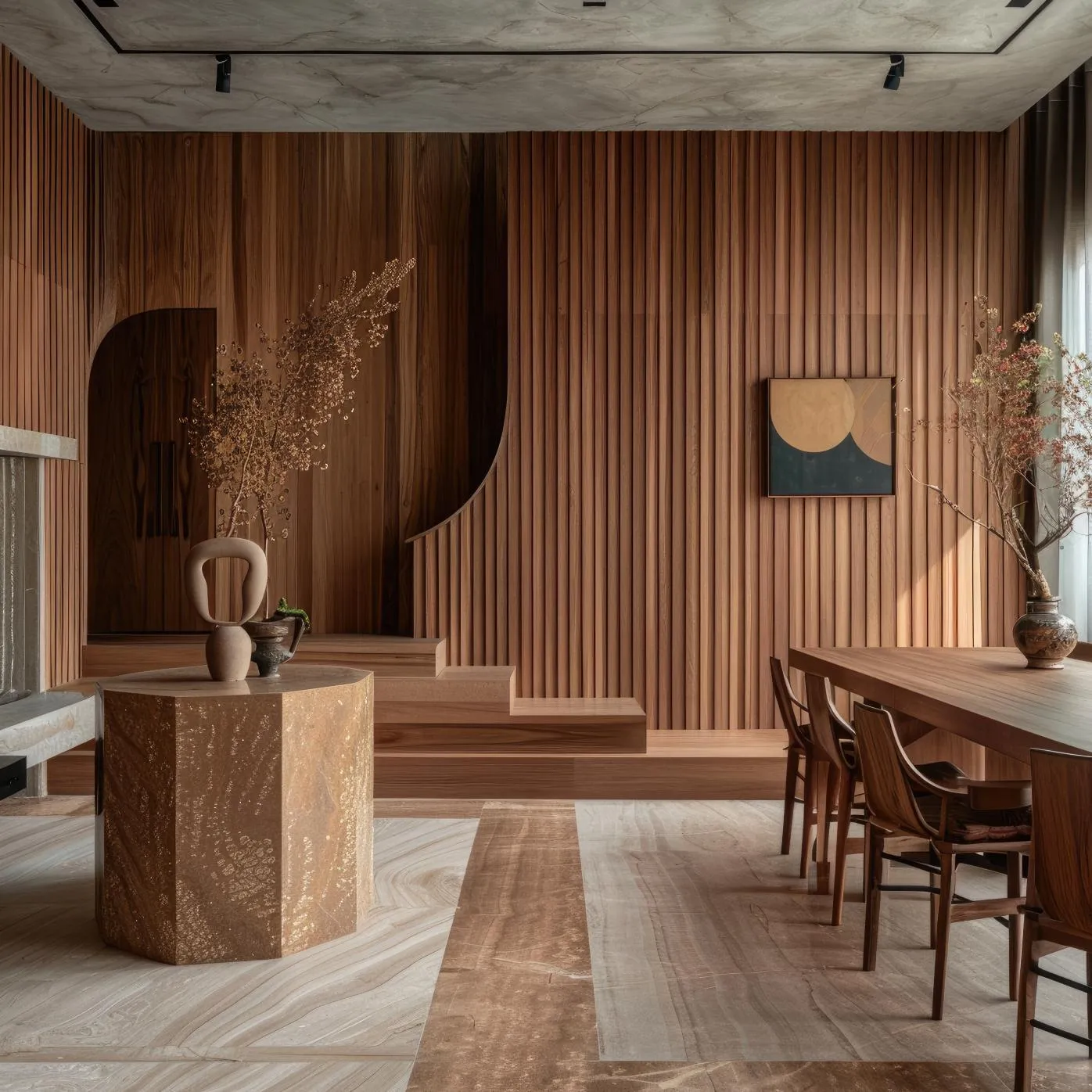 Patalpa medinėmis sienomis ir medžio baldais.