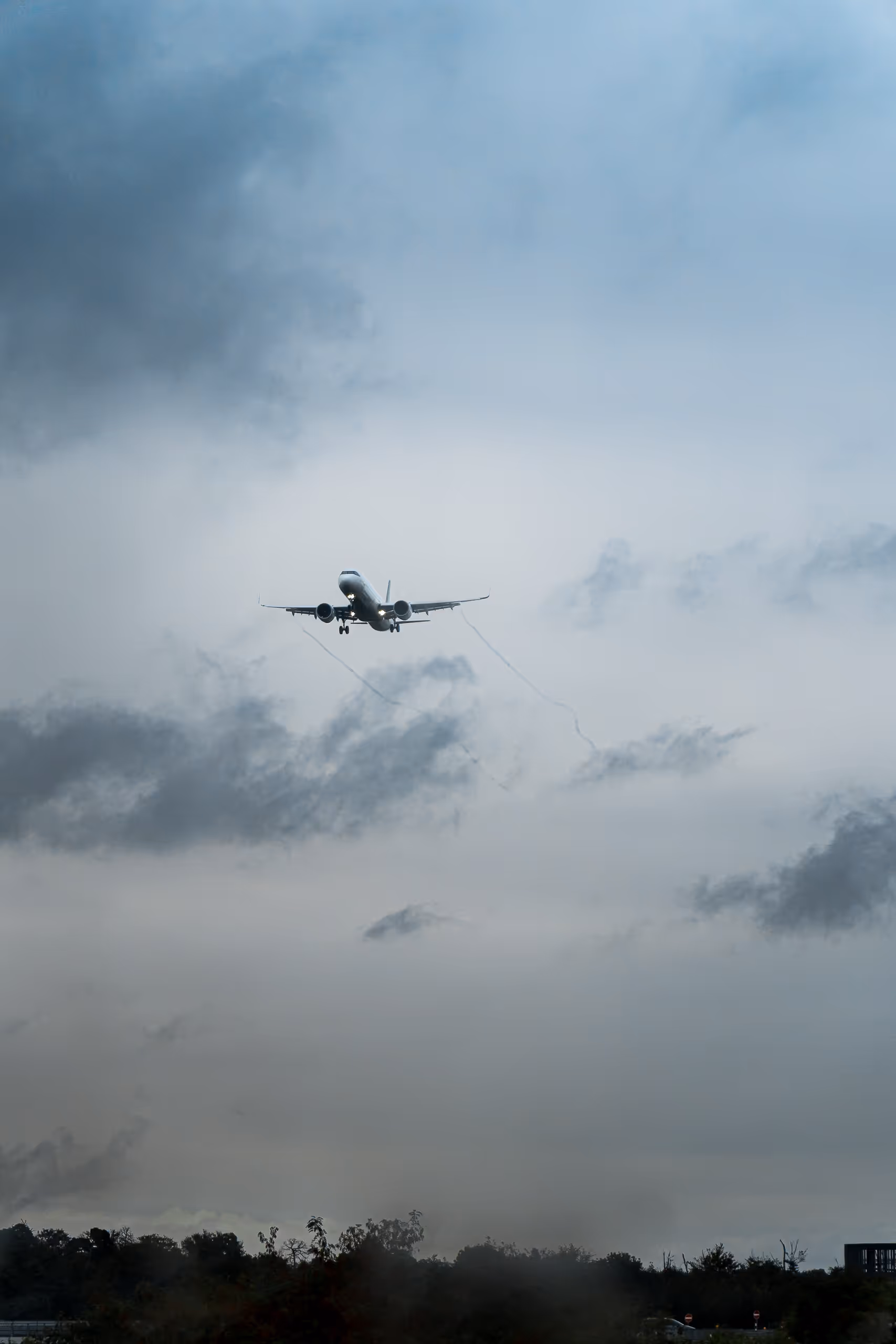 Flugzeug im Landeanflug unter bewölktem Himmel mit dunklen Wolken über einem bewachsenen Horizont.