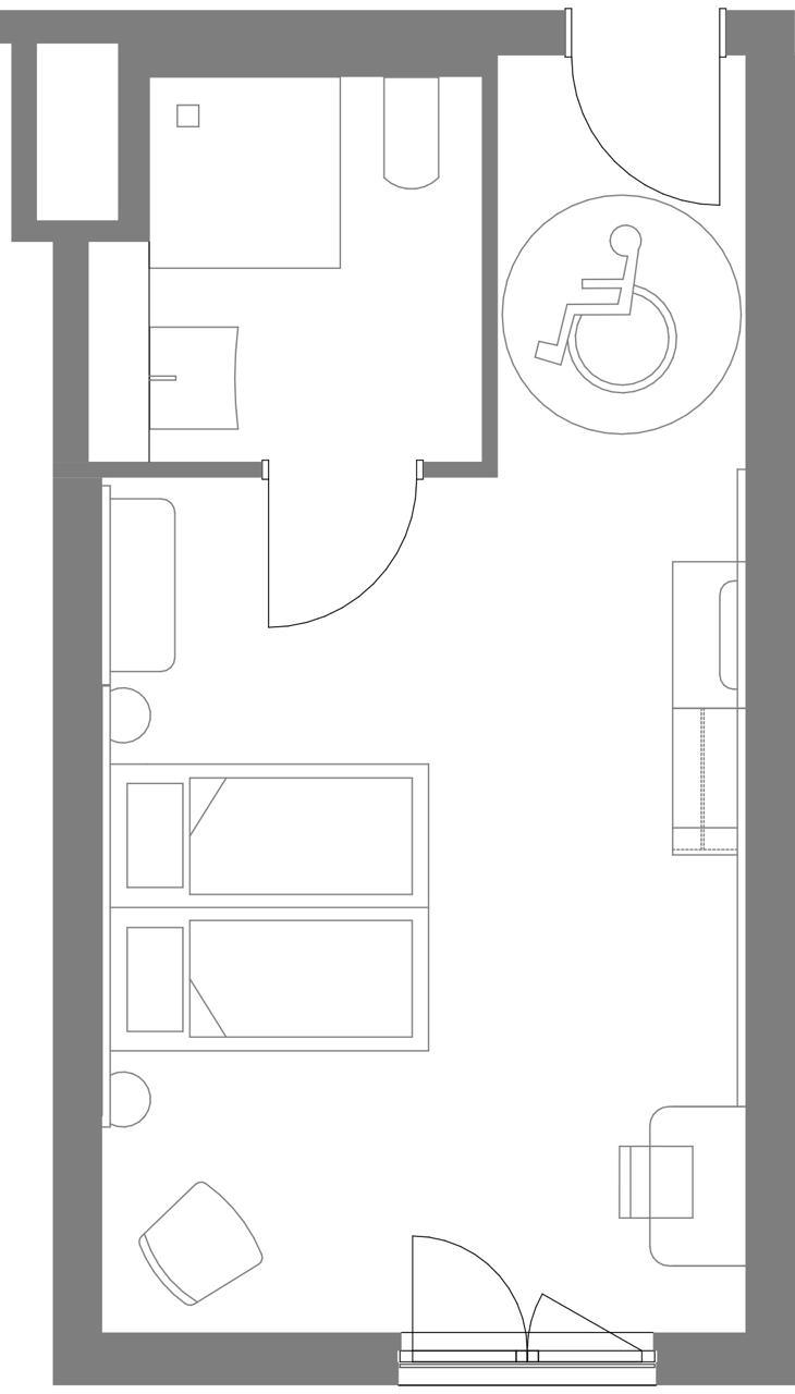 Grundriss eines rollstuhlgerechten Zimmers mit zwei Einzelbetten, einem barrierefreien Badezimmer und klar gekennzeichnetem Rollstuhlbereich.