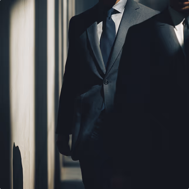 Two men in dark suits walking through a dimly lit corridor with shadows on the wall.