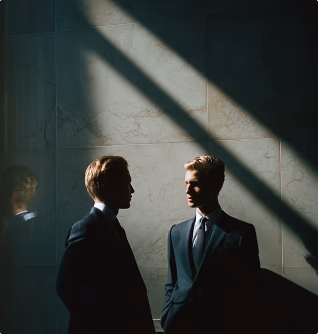 Two men in suits standing and facing each other in dramatic lighting with shadows on a tiled wall.
