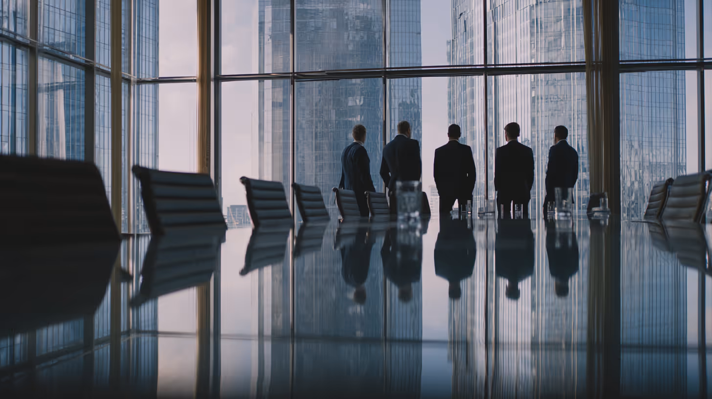 Five businesspeople in suits standing by large windows in a modern conference room with a long reflective table and chairs.