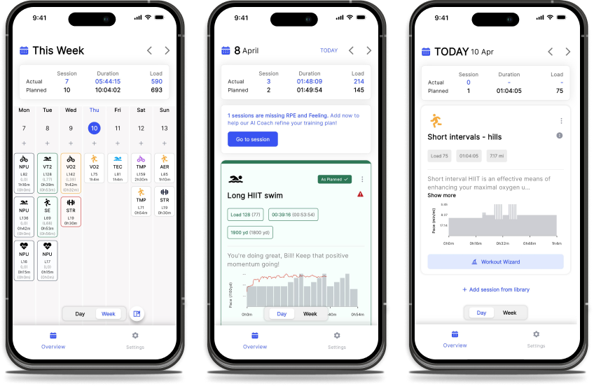 Three smartphone screens showing a fitness app with weekly workout overview, details of a long HIIT swim session, and today's short intervals hill workout summary with pace charts.