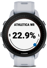 Garmin smartwatch displaying Athletica WR with 22.9% between S and L scale.