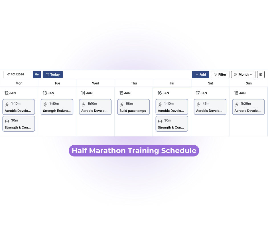 Athletica AI coaching dashboard showing a personalized training plan, current fitness stats, recent goals, and coach feedback for the user named Harrison.