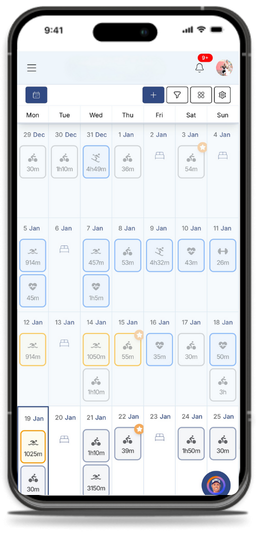 Mobile app screen displaying weekly exercise calendar with sessions, durations, and loads for each day, including cycling, running, and strength workouts.