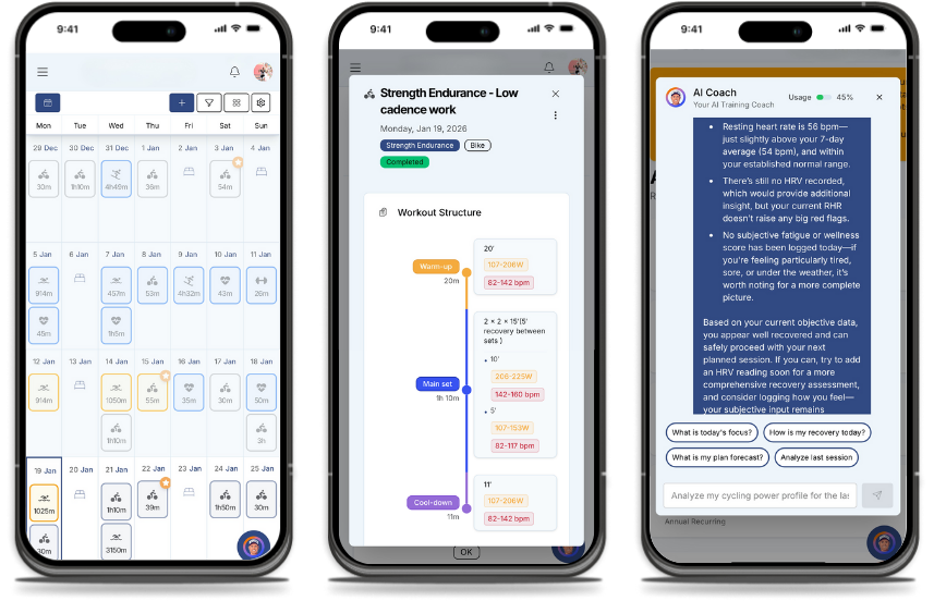 Three smartphone screens showing a fitness app with weekly workout overview, details of a long HIIT swim session, and today's short intervals hill workout summary with pace charts.