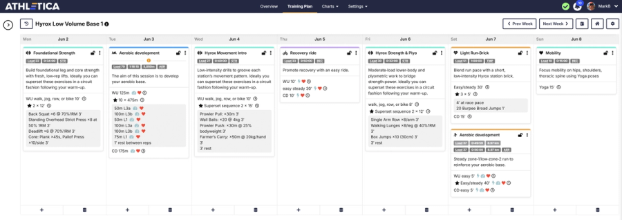 Sample HYROX training week in Athletica calendar view