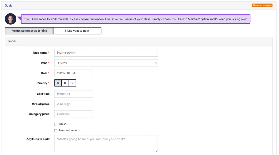 Selecting a HYROX race goal in Athletica's plan setup