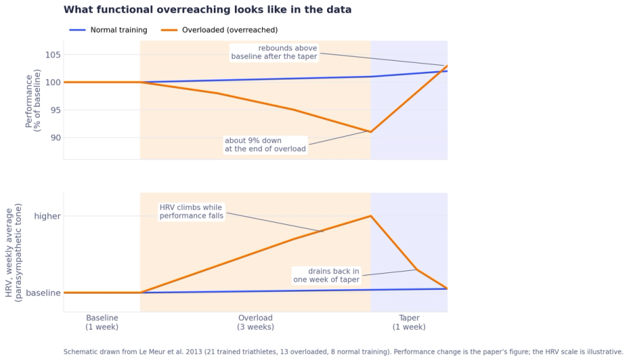 Schematic of functional overreaching: performance falls about 9% during a three-week overload while weekly HRV rises, then both reverse in a one-week taper