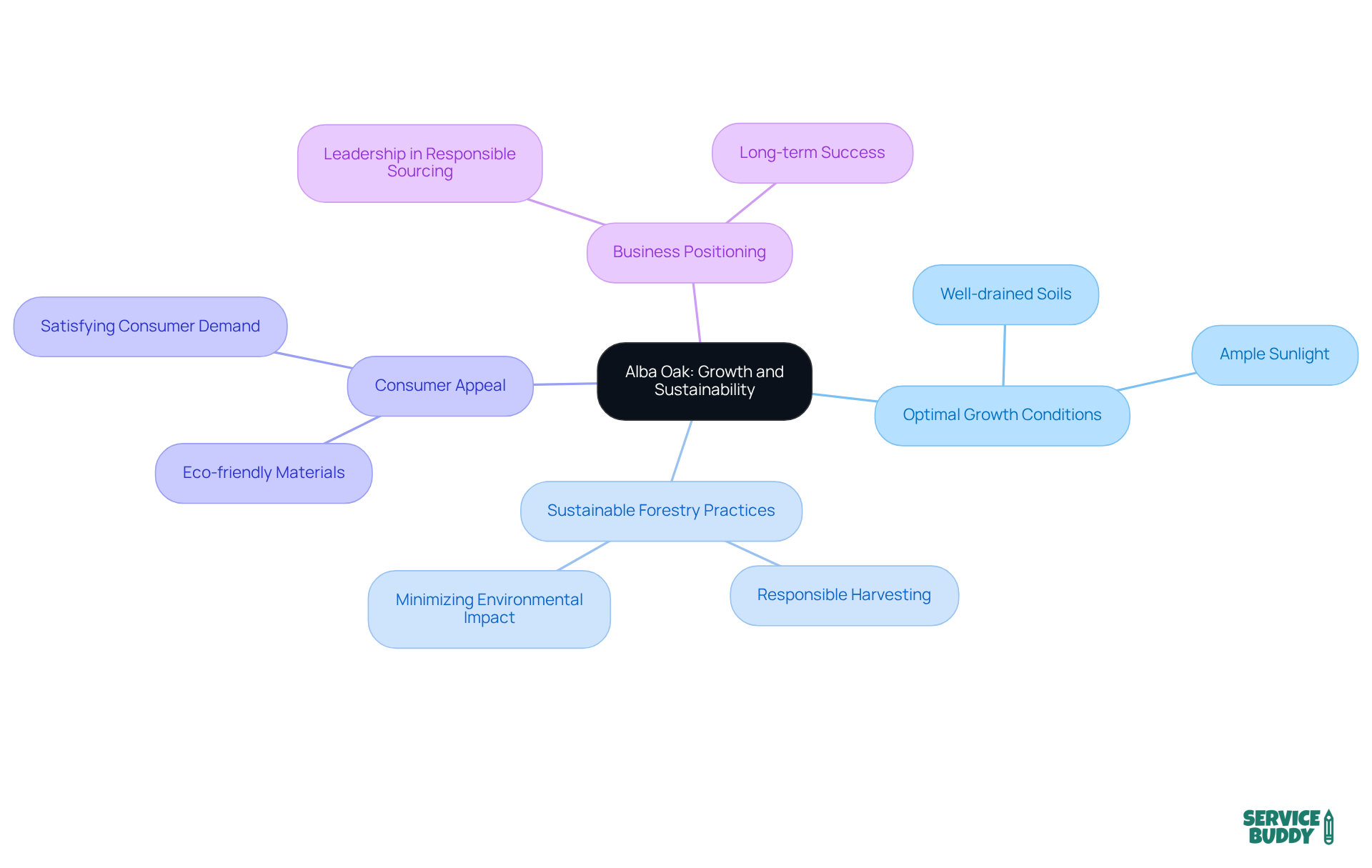 The center shows the main topic. Each branch represents key areas of focus related to Alba Oak, and the sub-branches provide more details about those areas. This structure helps visualize the relationships between growth conditions, sustainability practices, and market positioning. The center shows the main topic. Each branch represents key areas of focus related to Alba Oak, and the sub-branches provide more details about those areas. This structure helps visualize the relationships between growth conditions, sustainability practices, and market positioning.